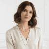 Woman wearing modern beaded necklace with white blouse, contemporary jewellery style