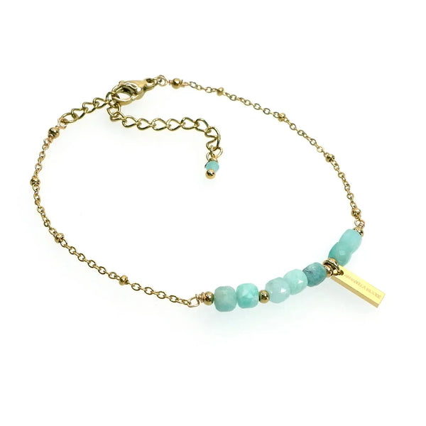 Gold chain bracelet with amazonite beads and rectangular gold charm, minimalist jewelry