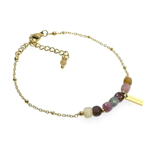 Gold chain bracelet with multicolored gemstone beads and bar pendant, modern jewellery