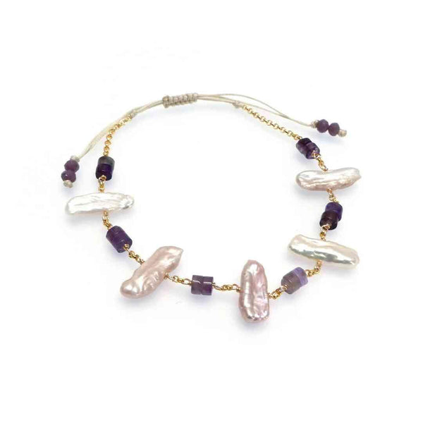 Handmade bracelet with irregular pearls and purple gemstone beads on gold chain