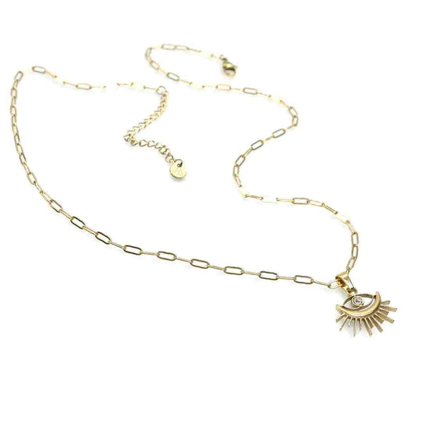 Gold plated necklace with sunburst eye pendant and delicate chain on white background
