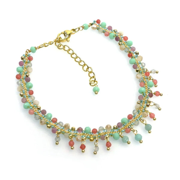 Gold chain anklet with colorful beads and crystal dangles, Indian jewelry style