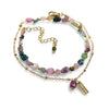 Gold chain anklet with multicolored gemstone beads and name tag, elegant jewelry design