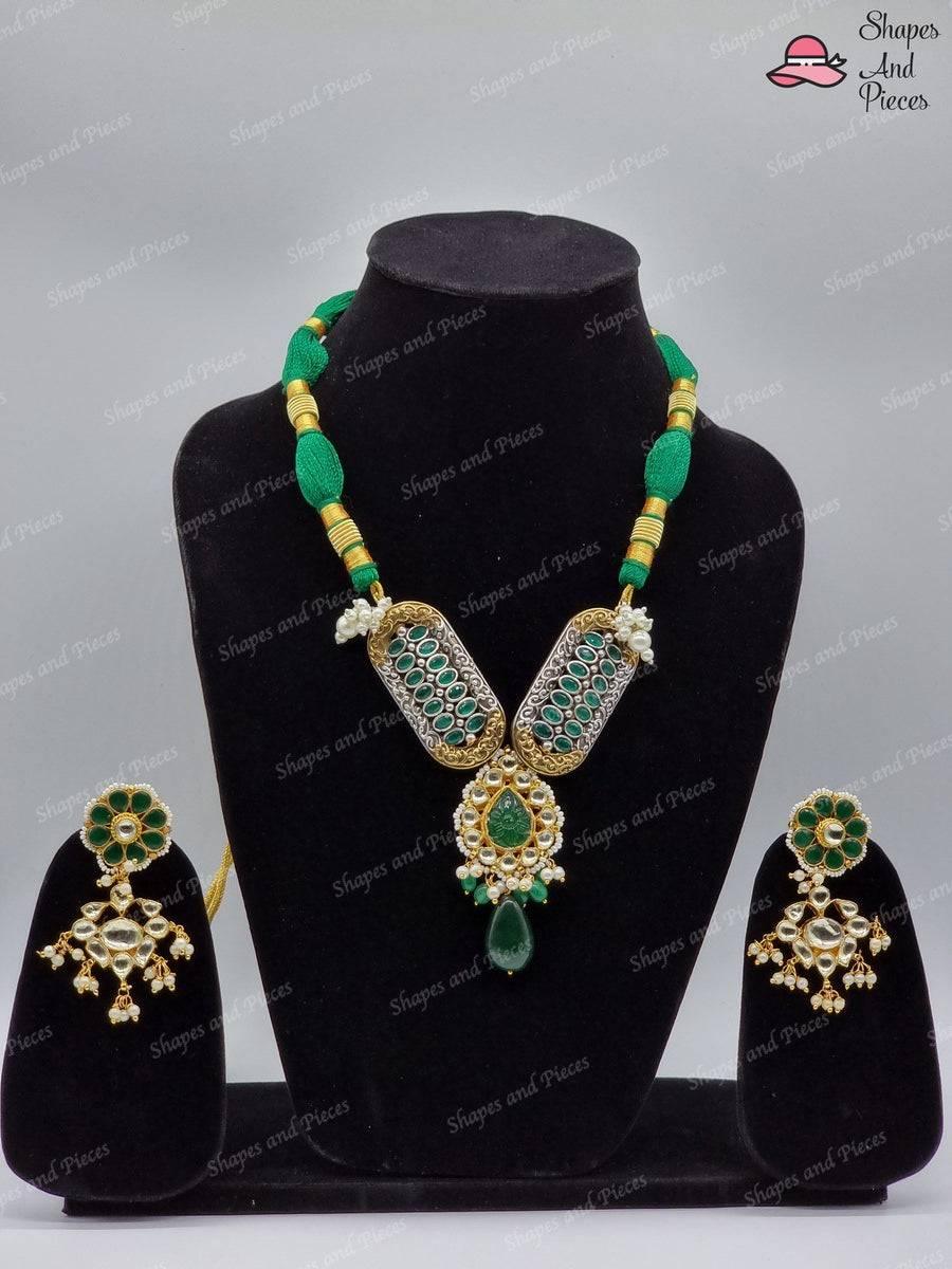 Green Pachi Kundan Fusion Set - Shapes and Pieces