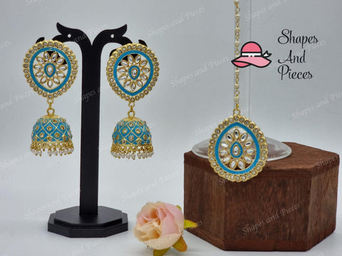 Meenakari Oval Earrings and Tikka Set - Shapes and Pieces