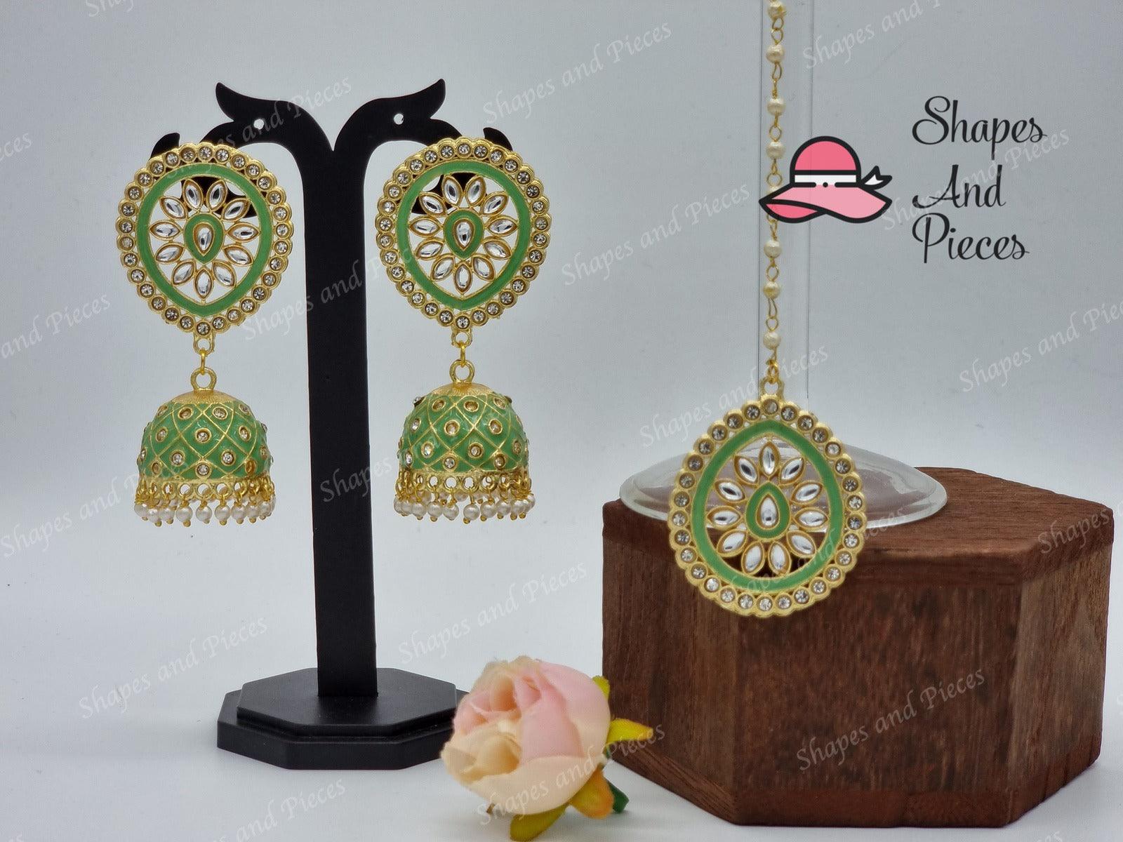 Meenakari Oval Earrings and Tikka Set - Shapes and Pieces